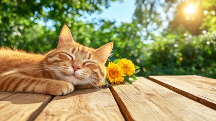 orange tabby cat peacefully sleeps on a rustic wooden table with vibrant yellow flowers nearby. sun shines brightly, creating a serene atmosphere in a lush garden