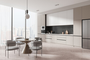Modern kitchen interior with sleek cabinets and dining table in a bright room with city view. 3D Rendering