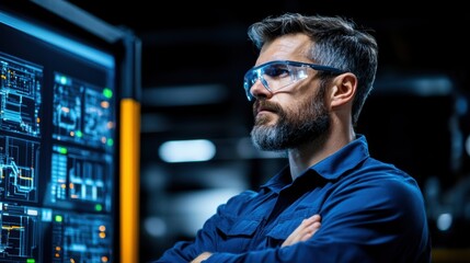 A skilled engineer in protective eyewear examines intricate system designs and data on screens in a modern laboratory, showcasing focus and expertise during evening hours