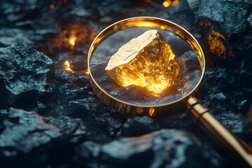Golden nugget magnified amidst dark rocks, symbolizing value, discovery, and uniqueness, ideal for themes of success, mining, treasure, and finding hidden potential