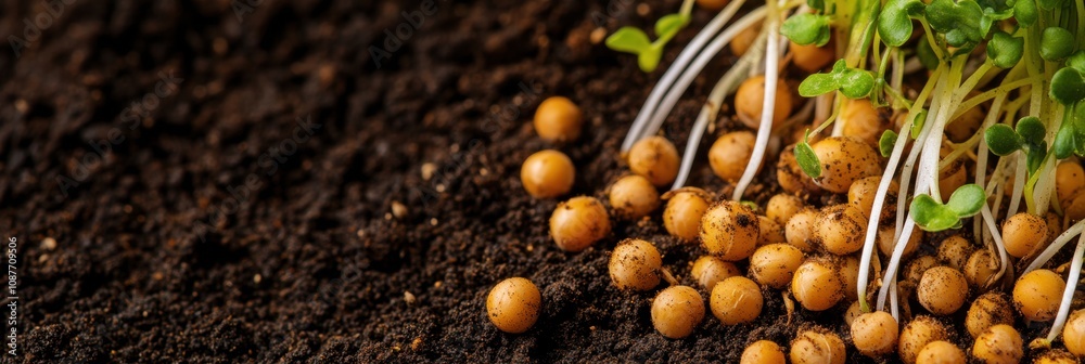 Poster seeds and fresh sprouts emerge from dark, nutrient-rich soil, symbolizing the beginning of new life 