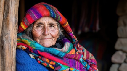 Fototapeta premium An elderly woman wrapped in vibrant, handwoven clothing smiles gently while leaning against a wooden post outside her quaint mountain home, basking in the afternoon sun