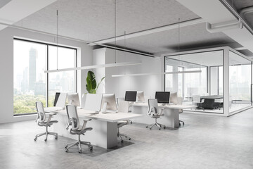 Spacious modern office interior with open workspaces, minimalist design, large windows, and natural light. Concept of corporate space. 3D Rendering