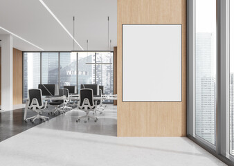 Blank poster mockup on a wooden wall in a modern office with large windows and city skyline background. 3D Rendering