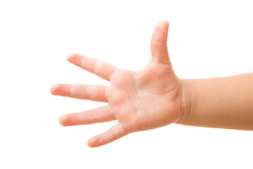 Baby hand showing five fingers isolated on white background. Closeup. Side view.