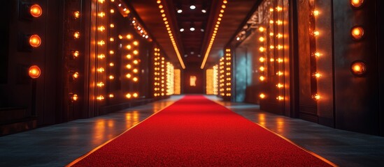 Blurred image of Red carpet walkway leading to the movie theater. Bokeh interior background cabaret, burlesque, theater, nightclub or casino.