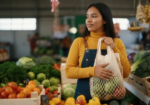 Young latin american woman holding reusable shopping bag filled with fresh produce, promoting sustainability at farmers market