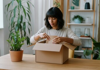 Young hispanic woman opening a cardboard box at home, unpacking parcel at wooden table in living room