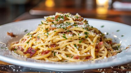 A hearty plate of spaghetti carbonara with crispy pancetta, creamy egg sauce