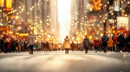 Fototapeta premium A bustling city street covered in snow, illuminated by bright lights, with people walking and a warm glow amidst the winter atmosphere.