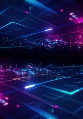 Fototapeta premium Pink and blue neon lines and particles flow through a dark digital space, creating a dynamic and futuristic visual effect