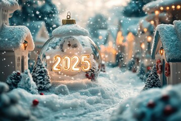Holiday Lights Display. Christmas 2025 ornament glowing in snowy village scene with festive houses and winter holiday decorations ideal for New Year greetings, seasonal cards, winter celebrations, co