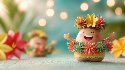 A cheerful, decorated character with flowers, embodying a festive, tropical vibe in a colorful, blurred background.