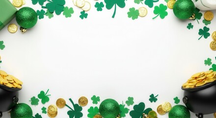 Saint patrick's day border made of green shamrocks, gold chocolate coins, green gift and baubles on white background with copy space