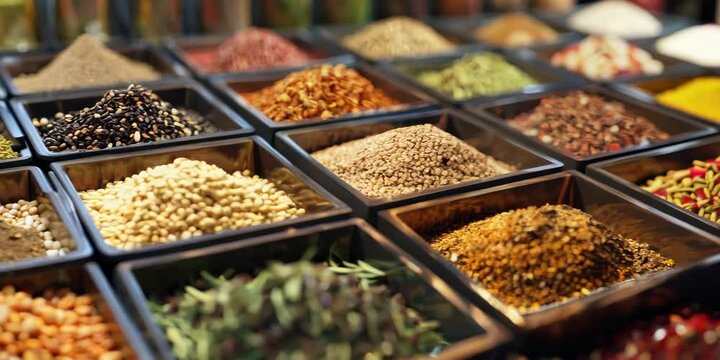 Rows of spices and herbs neatly displayed, aromatic delights 4K . Video