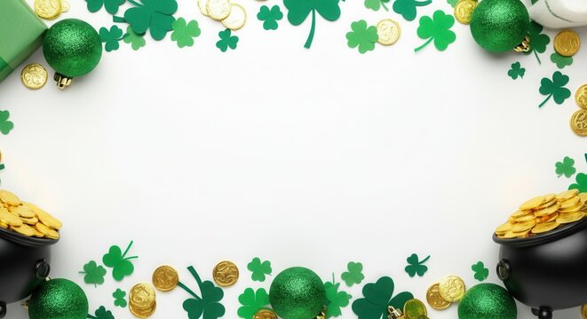 Saint patrick's day border made of green shamrocks, gold chocolate coins, green gift and baubles on white background with copy space