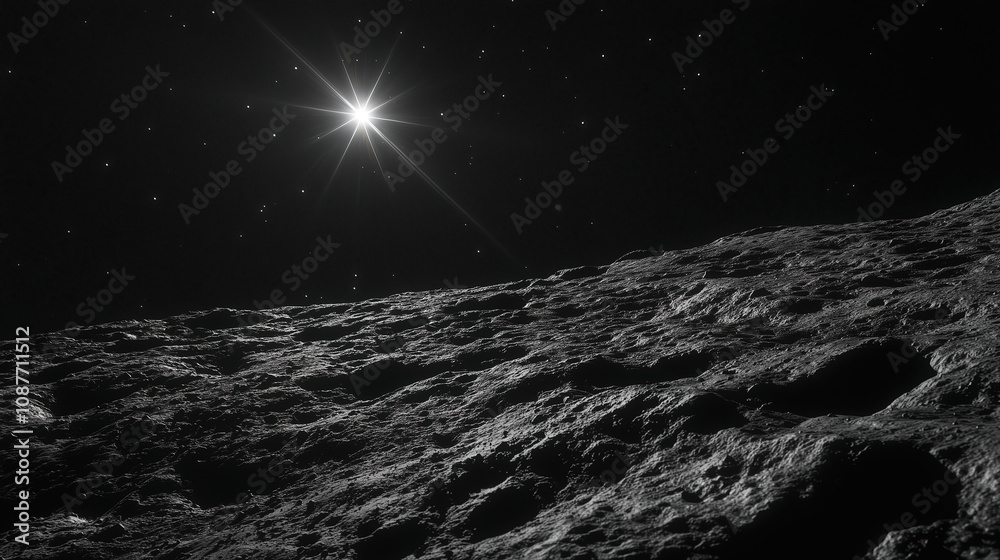 Poster view of a celestial body under a starry sky with a bright star shining in the distance at dusk in a 