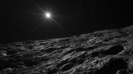 View of a celestial body under a starry sky with a bright star shining in the distance at dusk in a lunar landscape. Generative AI