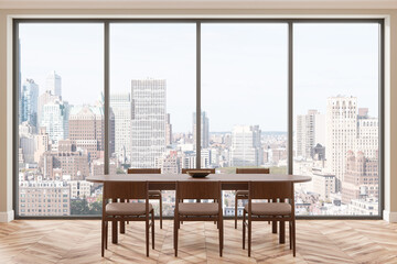 Modern dining area with wooden furniture and large city view windows in a contemporary home interior. 3D Rendering