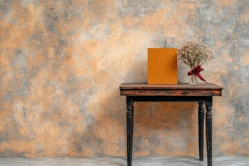 A wooden table with a vase of flowers and a small orange box on it