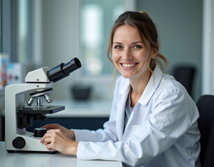 a laboratory, microscope on the desk, a woman, sitting, smiling, dressed a white coat 