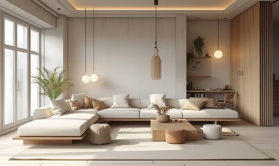 Modern interior japandi style design livingroom. Lighting and sunny scandinavian apartment with plaster and wood. 3d render illustration, Generative AI