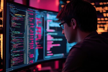 AI Developer Testing Natural Language Processing Algorithms in a High-Tech Laboratory Setting