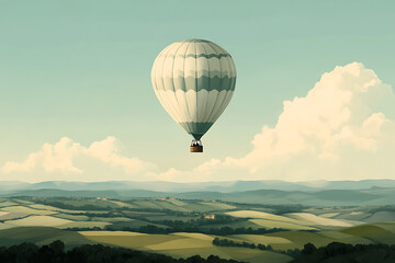 Obraz premium A serene hot air balloon floats gently over rolling green hills under a bright sky during the afternoon
