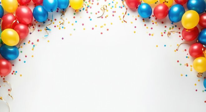 Vibrant balloons and confetti creating a cheerful party atmosphere on a white background