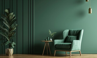 Living room with green armchair on empty dark green wall background, Generative AI