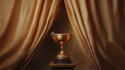 A golden trophy displayed between elegant curtains, symbolizing achievement.