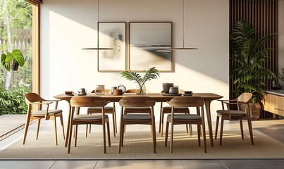 Obraz premium Interior design of modern dining room, dining table and wooden chairs. 3d rendering, Generative AI