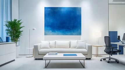Modern Minimalist Living Room With Blue Artwork