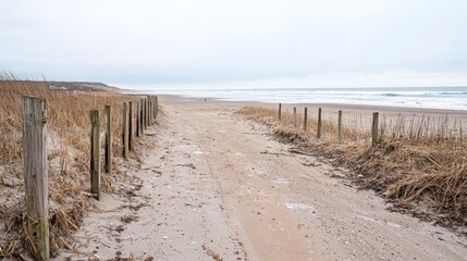 Coastal Path Leading to Sandy Beach with Ocean Waves Crashing on Shore