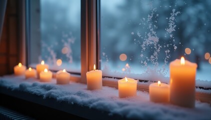 Lit candles on a snow-covered windowsill creating a warm cozy ambiance during winter