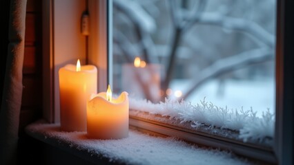 Lit candles on a snow-covered windowsill creating a warm cozy ambiance during winter