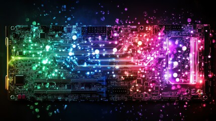 Fototapeta premium Background of motherboard circuit neon rainbow glowing futuristic technology wallpaper AI generated image