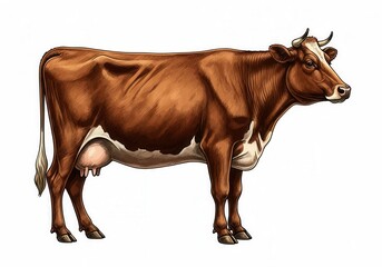 Side view of brown and white guernsey cow standing against white background