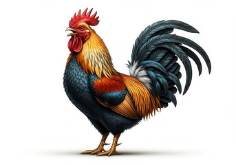 Proud adult rooster with colorful feathers crowing on a white background