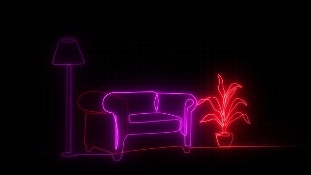 Glowing  pink and red neon drawn sofa, armchair and plant  animated on black background. 4k motion graphic