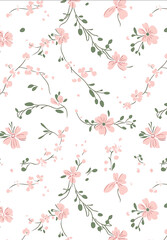 A simple pattern featuring a pastel pink and green floral design with bows on a white background Small pink flowers and delicate ribbons are scattered across the wallpa