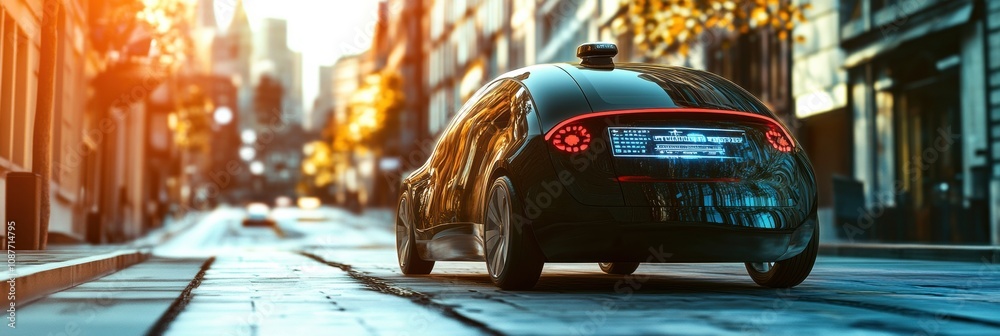 Aufkleber A sleek self-driving car smoothly travels through an urban setting, demonstrating its advanced onboard AI systems during sunset. Generative AI