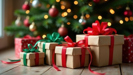 Obraz premium Festive image featuring beautifully wrapped Christmas gifts with ribbons under a decorated Christmas tree with glowing lights