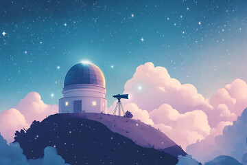 Obraz premium A serene observatory on a hilltop under a clear starry night sky with a telescope ready for stargazing