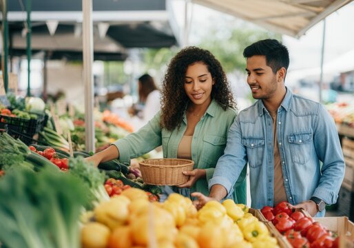 Young multiethnic couple buying fresh vegetables at a farmers market, choosing healthy and organic food - Powered by Adobe