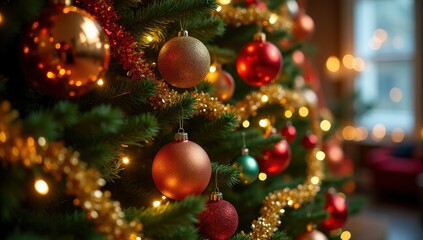 Festive Christmas tree decorated with vibrant red and gold ornaments and twinkling lights, creating a warm holiday ambiance