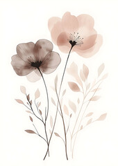 A minimalist watercolor illustration of three flowers on a white background with subtle canvas...