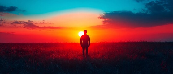 A silhouette of a person stands against a vibrant sunset over a grassy landscape.