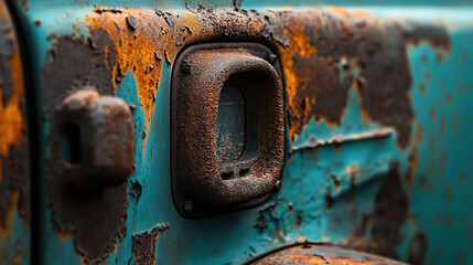 Close-up of a rusty old vehicle door with peeling paint and corroded metal highlighting texture and decay