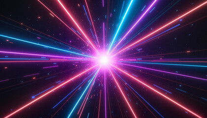 Colorful light beams radiate from a central point, creating a dynamic burst of energy in a dark space